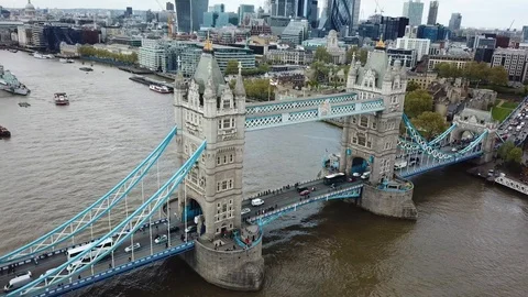 London Aerial Shot and Circling Drone Footage of Tower Bridge and River Thames Stock Footage
