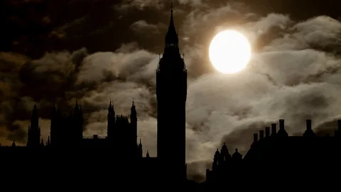 London: Big Ben Clock Tower and Palace of Westminster at Night with Full Moon Stock Footage 122738933