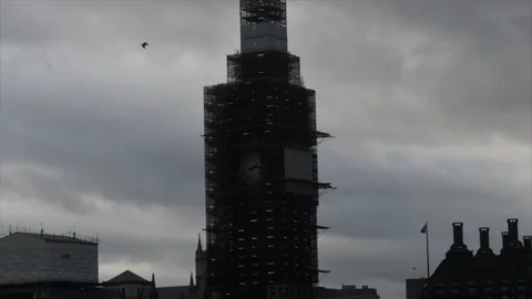 London Big Ben Clock Tower in Scaffolding Clouds Background Time lapse Stock Footage