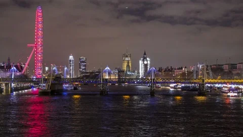 London: Big Ben, Westminster, and the London Eye at Night Stock Footage