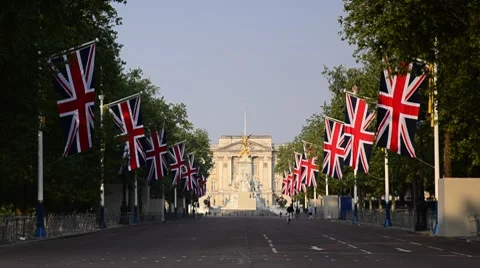 London, Buckingham Palace and The Mall, decorated for Royal Wedding Stock Footage 8691453
