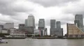 London Canary Wharf Skyline Financial District British Transport Boat Passing UK HD Footage