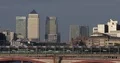 London Center Skyline with Canary Wharf District and Cars Traffic on Bridge Day 4k or 4k+ Resolution