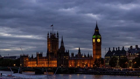London City Big Ben River Thames Houses of Parliament Night Time Lapse Close Up Stock Footage