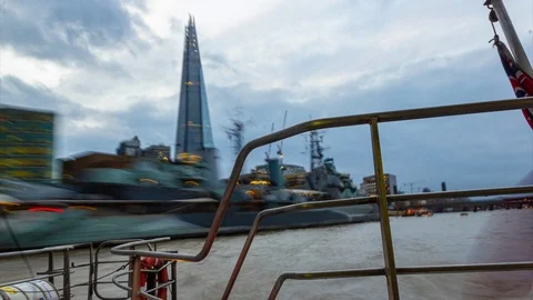 London City River Thames Clipper Boat Evening Long Exposure Time Lapse Wide Stock Footage