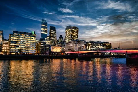 London City from Thames Riverbank at Sunset Stock Photos