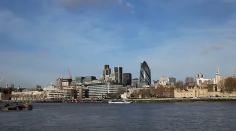 London Cityscape Skyline, Thames River, Swiss Re, Gherkin, St Mary Axe Stock Footage