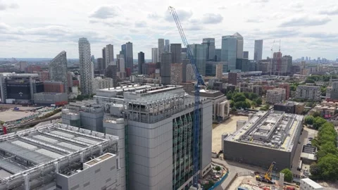 London Data Center Construction With Canary Wharf Skyline Stock Footage 339053262