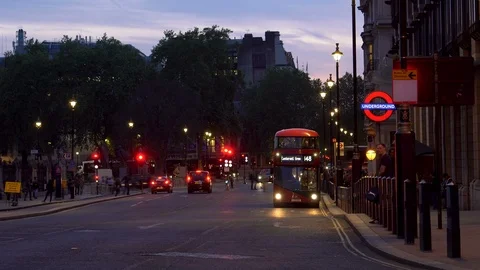 London Double Decker Buses Driving in Evening Timelapse - Westminster District Stock Footage 111307758