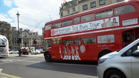 London Double Decker Tourist Sightseeing Tour Bus - London, UK Stock Footage 111408005