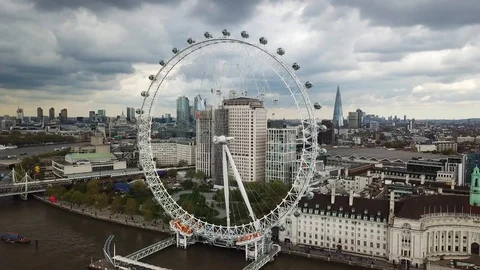 London Eye Drone Footage and Cinematic City Skyscrapers Aerial View of London Stock Footage