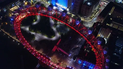 London Eye Night Aerial Shot Top View Drone Footage of City Lights Stock Footage