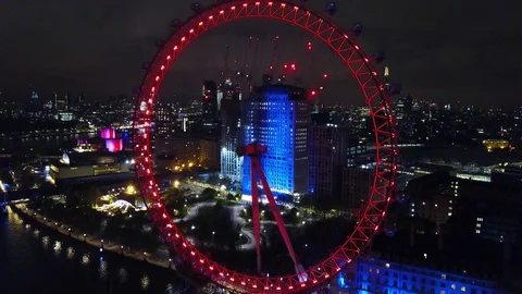 London Eye at Night Drone Footage and Aerial Shot of Magic City Lights Stock Footage