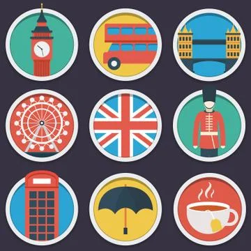 London flat circle icon set Stock Illustration