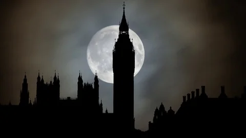 London: Iconic Clock Tower " Big Ben" at Night  in Time Lapse with Full Moon Stock Footage 101512599