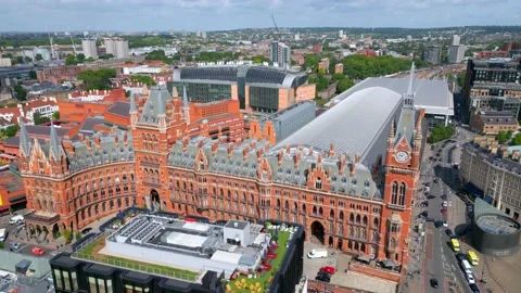 London Kings Cross and St Pancras Train stations from above - aerial view Stock Footage