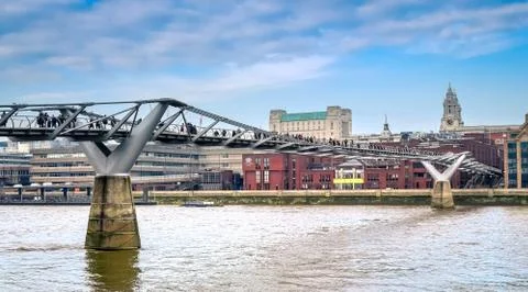 London Millennium Bridge over Thames river. Stock Photos