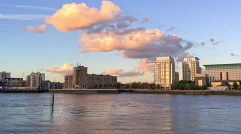 LONDON – Modern buildings sunset Canary Wharf skyline. Canary Stock Footage
