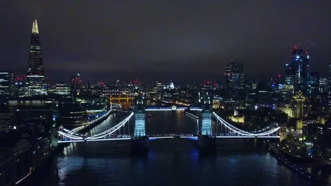 London Night Aerial Time Lapse Drone Shot of Tower Bridge and City Lights Stock Footage