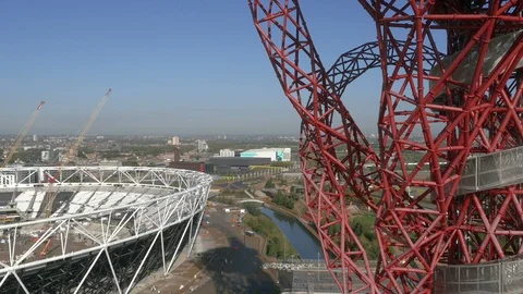London Olympic ArcelorMittal Orbit and London Stadium aerial rise 4k v2 Stock Footage 106714633