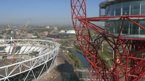 London Olympic ArcelorMittal Orbit and London Stadium aerial rise 4k v4 Stock Footage 106715349