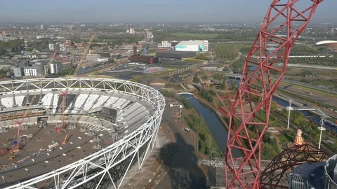 London Olympic ArcelorMittal Orbit and London Stadium aerial rise 4k v6 Stock Footage 106715831