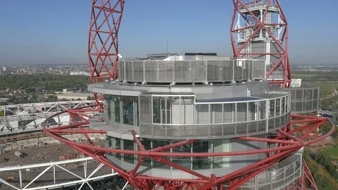 London Olympic ArcelorMittal Orbit and London Stadium aerial CU 4k Stock Footage 106985802