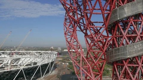 London Olympic ArcelorMittal Orbit and London Stadium aerial CU 4k v2 Stock Footage 107270427
