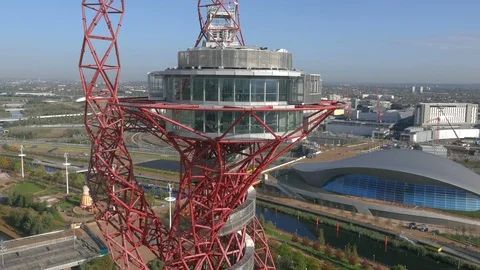 London Olympic ArcelorMittal Orbit, Stadium, Aquatics Centre aerial pan 4k Stock Footage 106985659