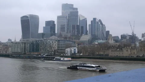 London Skyline Along Thames River With Modern Skyscrapers And Boats Stock Footage 327856464
