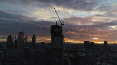 London skyline with dramatic sunset panoramic aerial view, drone aerial 4K Stock Footage 101159390