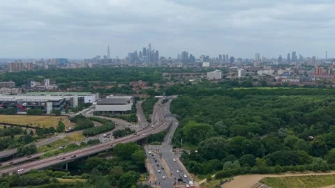 London skyline drone pullback revealing the Shard, Gherkin and BT Tower above Stock Footage 337010863