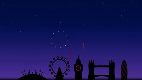 London Skyline Fireworks Animation Stock Footage