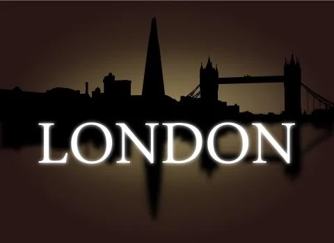 London skyline reflected with dramatic sky and text illustration Stock Illustration