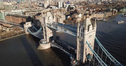 London Tower Bridge Aerial Drone View  London City Thames River England Stock Footage