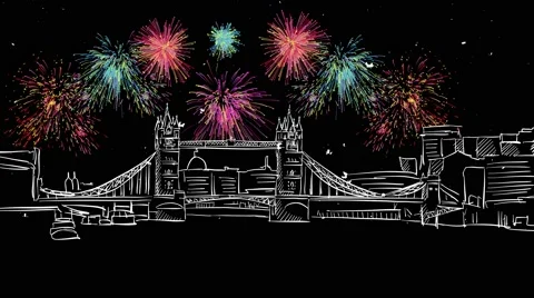 London Tower Bridge with Bright Firework Stock Footage 68740243