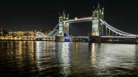 London Tower Bridge Night Panoramic 4K UHD Time Lapse Video Stock Footage