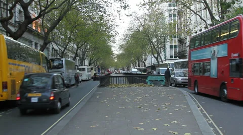 London traffic lined with trees asymmetrical Stock Footage 33444256