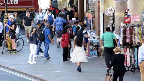 London, UK high angle view of street road, souvenir shop Stock Footage 96717064