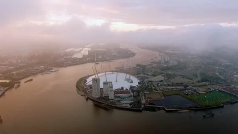 London Urban Riverside Bird Eye Aerial View of Beautiful Sky Clouds and O2 Arena Stock Footage