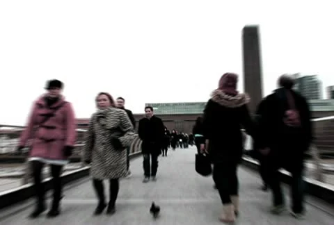 London Weekend Crowd Crossing Millennium Bridge Winter NTSC SD Stock Footage