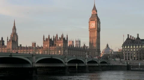 London Westminster Bridge, the Big Ben and the Houses of Parliament at sunrise. Stock Footage