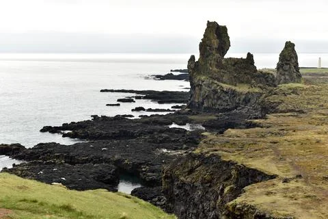 Londrangar basalt cliffs in Iceland Stockfoto's