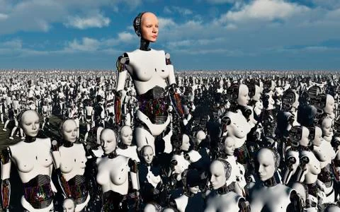A lone android with a human flesh colored face amongst a crowd of robots. Stock Illustration