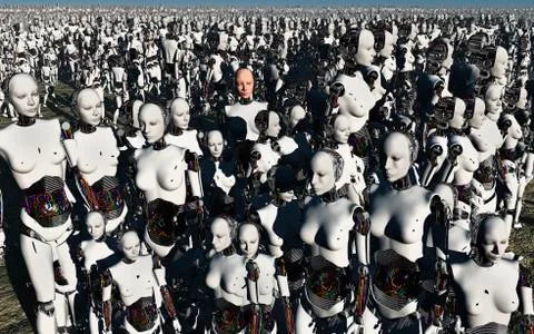 A lone android with a human flesh colored face amongst a crowd of robots. Stock Illustration