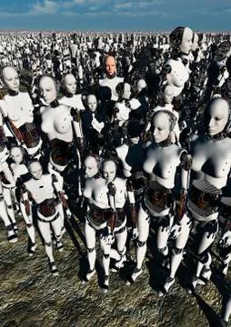 A lone android with a human flesh colored face amongst a crowd of robots. Stock Illustration