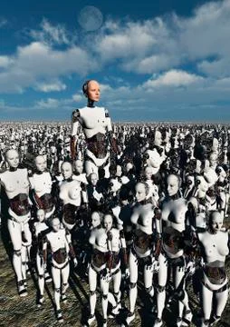 A lone android with a human flesh colored face amongst a crowd of robots. Stock Illustration