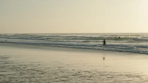 Lone Beachcomber Wading In Sunset Glow Along Shallow Shoreline, Golden Video stock 327786900