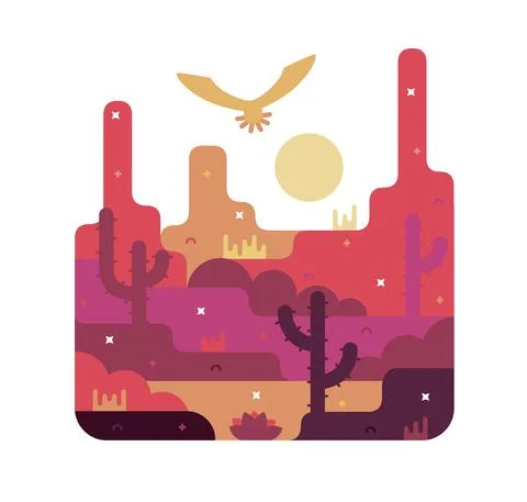 A lone bird soars over the desert - vector cartoon illustration Stock Illustration