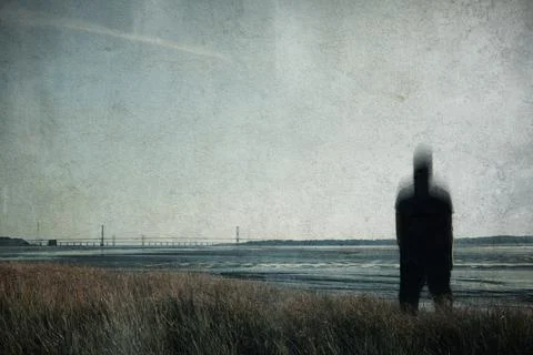 A lone blurred figure, back with camera Looking at a bridge Stock Photos